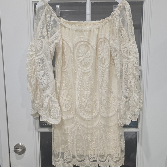 Jens Pirate Booty Ethereal Lace Mini Dress M Cream White Big Sleeve Party - Picture 3 of 8